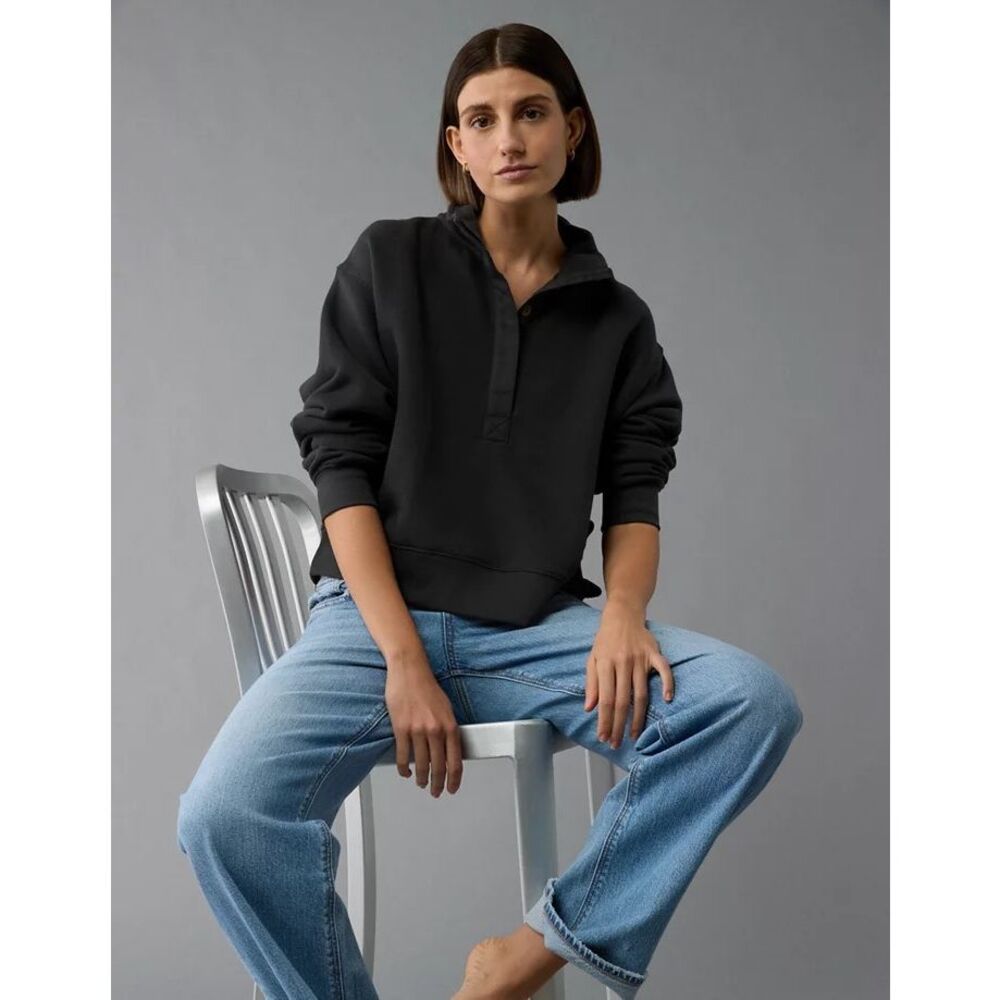 American Eagle Outfitters Cropped Henley Fleece Sweatshirt Size S - Picture 3 of 11